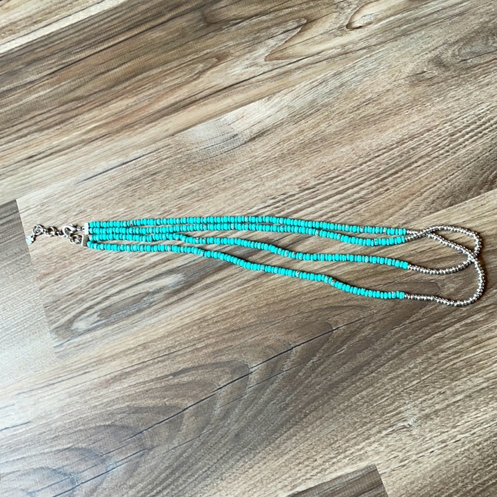 Turquoise colored beaded necklace.